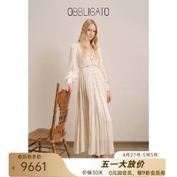 奥丽嘉朵 OBBLIGATO奥丽嘉朵2024春季新品V领茶歇压褶连衣裙 米白 XL