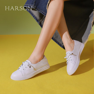 哈森2024年时尚真皮女鞋平底运动小白鞋可两穿舒适女休闲鞋HWC240128 白色 35
