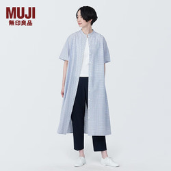 MUJI 無印良品 无印良品（MUJI）女式 凉感平纹立领短袖连衣裙女装裙子长裙衬衫裙开衫外搭纯棉 蓝色格纹 M (160/84A)