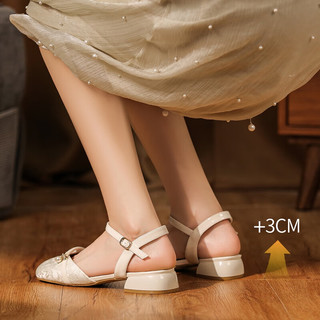 ZHR包头凉鞋女2024夏季新中式刺绣珍珠一字带玛丽珍气质粗跟单鞋 米白 35