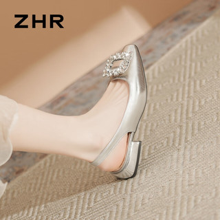 ZHR凉鞋女2024夏季水钻包头银色平底玛丽珍女鞋法式低粗跟单鞋女 银色 37