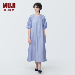 无印良品（MUJI）女式 凉感平纹套头短袖连衣裙女装裙子长裙早春纯棉BC2JBC4S 蓝色条纹 XL (165/92A)