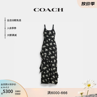 COACH 蔻驰 女士花卉图案长款褶叶连衣裙吊带裙田园春夏休闲 黑色/白色 混合色 0