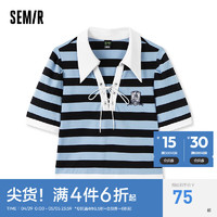 森马（Semir）POLO衫女短款绑带绣花条纹衫复古盐系夏季收腰套头衫休闲潮酷 蓝色调00388 165/88A/L