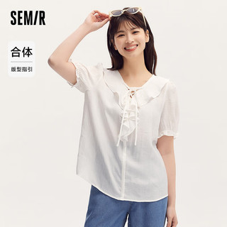 森马（Semir）短袖衬衫女白色泡泡袖温柔度假风夏季荷叶边系带肌理衬衣法式 本白10102 150/76A/XS