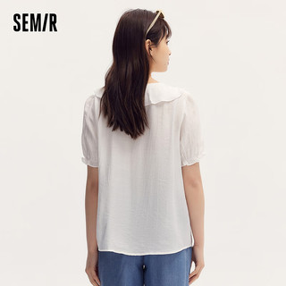 森马（Semir）短袖衬衫女白色泡泡袖温柔度假风夏季荷叶边系带肌理衬衣法式 本白10102 150/76A/XS