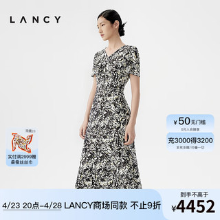 朗姿/LANCY2024夏季印花修身高级感真丝连衣裙女V领收腰裙子 夜幕黑色 S