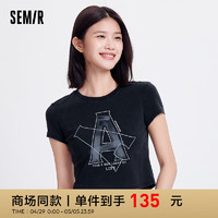 森马（Semir）短袖T恤女短款字母修身潮流2024复古做旧夏装 黑色90001 150/76A/XS