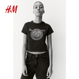 H&M女士T恤2024春潮流时尚休闲复古柔软舒适印花T恤1207443 深灰色 165/96 M