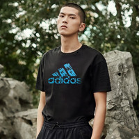 adidas 阿迪达斯 短袖男2023夏季休闲舒适运动服透气圆领男T恤 黑/蓝 2XL