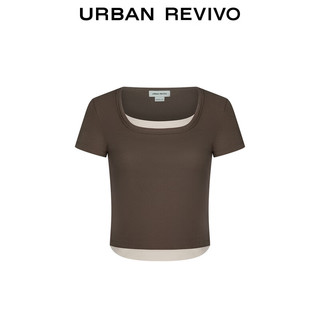 URBAN REVIVO 女士潮流休闲假两件显瘦T恤衫 UWV440147 咖啡色 M