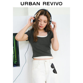 URBAN REVIVO 女士假两件显瘦T恤衫 UWV440147  （M、深灰 )