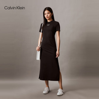 Calvin Klein Jeans24春夏女士休闲开叉纯棉针织圆领T恤连衣裙ZW02584 BEH-太空黑 XS
