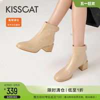 KISSCAT 接吻猫 春季新款法式简约优雅短靴通勤正装方头漆皮粗高跟时装靴女
