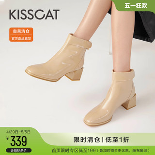 KISSCAT 接吻猫 春季新款法式简约优雅短靴通勤正装方头漆皮粗高跟时装靴女