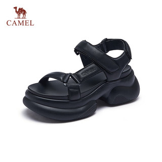 骆驼（CAMEL）休闲凉鞋女舒适羊皮松糕厚底魔术贴凉鞋 L24M577653 黑色 36