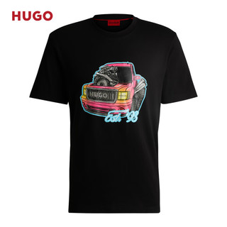 HUGO男士2024夏季汽车艺术印花宽松版型棉质T恤 001-黑色 EU:XS