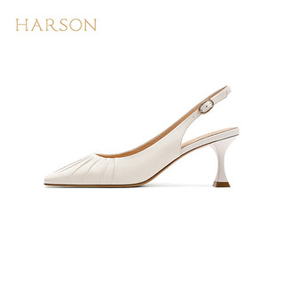 哈森2024夏法式绝美凉鞋女褶皱高跟鞋细跟凉鞋HM246027 米色 35