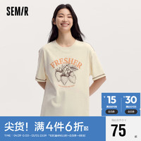 Semir 森马 短袖T恤女中长款明线上衣2024夏宽松印花套头衫小众107424100018