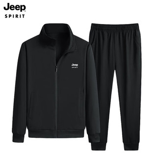 Jeep 吉普 套装秋冬季男款连帽卫衣两件套户外运动套装男 SY118 黑色 3XL