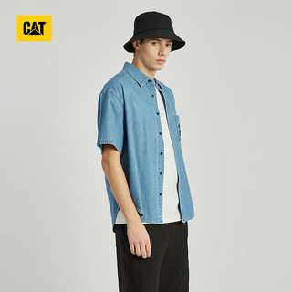 CAT卡特24春夏季男士休闲单胸袋设计靛蓝牛仔衬衫短袖衬衫外套 靛蓝色 S