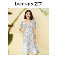 Iammix27 天丝方领连衣裙女夏季减龄泡泡袖时尚垂感高腰印花A字裙