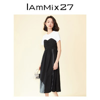 Iammix27 短袖套头A字裙女个性撞色假两件拼接抽皱开衩圆领连衣裙