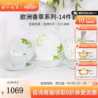 CORELLE 康宁餐具 美国进口耐热玻璃汤碗盘子套装欧洲香草餐具整套送礼 餐具套装 14件套