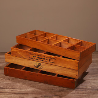 骄鹿复古木质12格桌面收纳盒 分格桌面收纳盒 长方形多肉花盆分格 复古6格