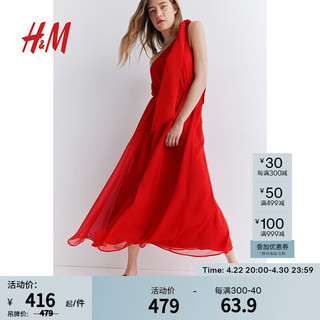 H&M女装连衣裙2024夏季优雅单肩透视雪纺蝴蝶结中长裙1235801 亮红色 155/76