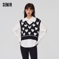 百亿补贴：Semir 森马 长袖衬衫女木耳边娃娃领衬衣爱心V领背心春宽松两件套少女感