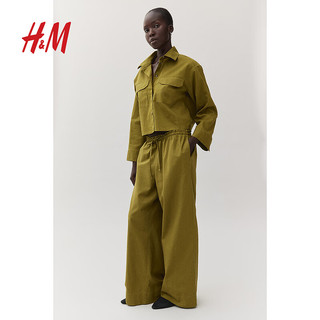 H&M2024春季女士亚麻混纺阔腿裤1213675 橄榄绿 155/64 XS