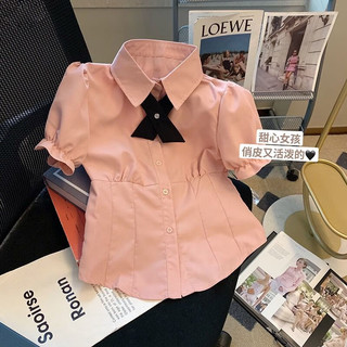 缝小二 Polo领泡泡短袖衬衫女夏季收腰显瘦 哑粉色衬衫+黑色十字扣 L