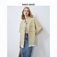 百亿补贴：BASICHOUSE 百家好 Basic House/百家好拼接撞色短袖衬衫女2023百搭宽松翻领工装衬衣