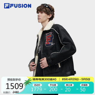 FILA 斐乐 FUSION斐乐潮牌复古外套2023冬季保暖拼接仿羊羔绒飞行夹克