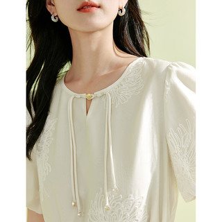 茵曼（INMAN）新中式莱赛尔连衣裙2024夏季女装镂空绣花收腰显瘦白色裙 杏色 XL