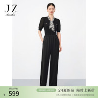 玖姿·安娜蔻商务通勤风松紧腰垂感开叉阔腿裤休闲裤女2024夏季 素黑 L