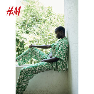 H&M女装衬衫2024夏季翻领休闲舒适印花古巴领短上衣1224829 绿色/树叶图案 155/80