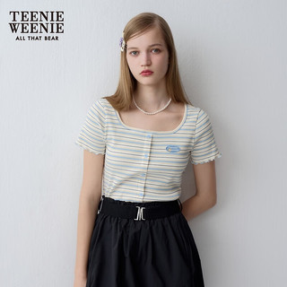 Teenie Weenie小熊2024年夏季条纹短袖T恤弹力少女感上衣短款 撞色 155/XS