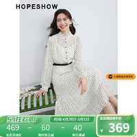 HOPESHOW 红袖 波点收腰法式连衣裙春季2024新款女装木耳边高级显瘦女神雪纺长裙 白底黑点802 S