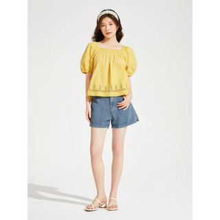 热风（Hotwind）短袖女2024年夏季女士方领休闲基础舒适透气泡泡袖上衣衬衫 25黄色 XL