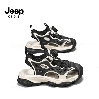 Jeep吉普男童凉鞋夏款软底防滑2024夏季儿童包头沙滩鞋女童凉拖鞋 黑米 28码  鞋内长约18cm