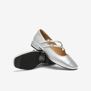 百思图24春季时髦复古法式玛丽珍鞋粗跟圆头女单鞋WQG40AQ4 银色 37