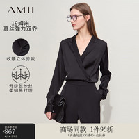 AMII2024春极简轻奢纯色翻领V领侧门襟正肩长袖真丝上衣女款 黑色 165/88A/L