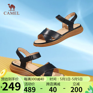 骆驼（CAMEL）休闲凉鞋女舒适透气牛皮魔术贴坡跟凉鞋 L24M007606 黑色 39