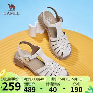 骆驼（CAMEL）罗马鞋女文艺风牛皮织丁字搭扣粗跟凉鞋 L24M153671 米白 39