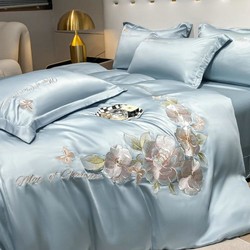 梦巢 夏季冰丝四件套床上用品花卉刺绣被套床单家用套件