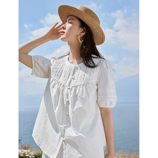 茵曼（INMAN）凉感纯棉衬衫2024夏季女装蕾丝花边泡泡袖宽松文艺衬衣 米白色 XL