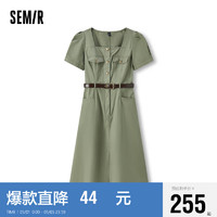 Semir 森马 连衣裙女方领开叉中长裙2024夏盐系工装裙101324114048