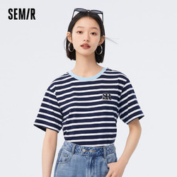 Semir 森马 短袖T恤女刺绣撞色上衣纯棉夏季新款宽松时尚条纹衫复古高级